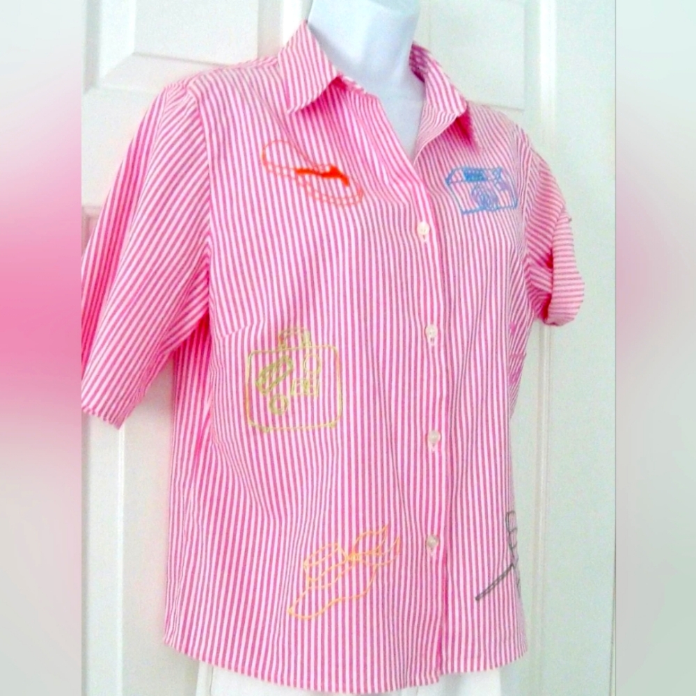 Vintage Mountain Lake Casuals Petite Pink Striped Shirt Beach Embroidered Accent